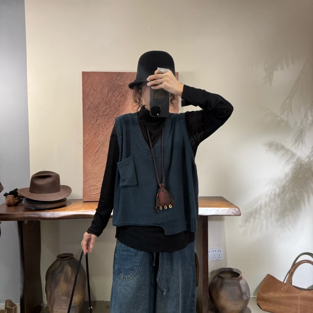 新款V领不规则休闲百搭秋冬洋气宽松显瘦毛衣马夹 20749#