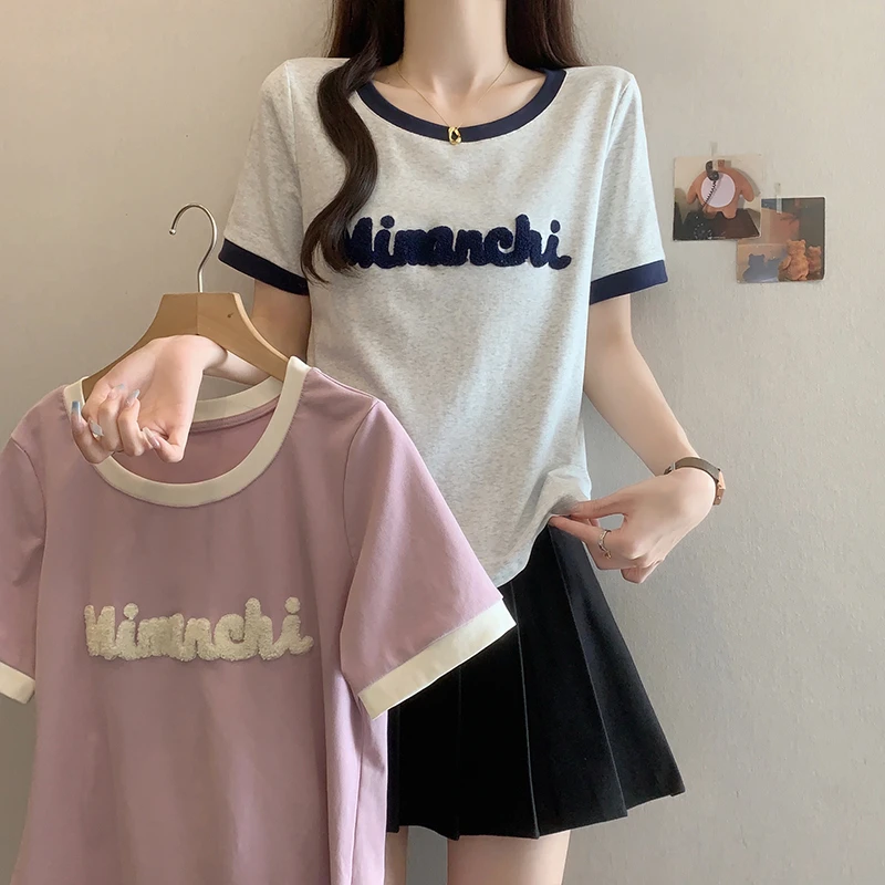 芷蕾大码植绒设计感短袖T恤夏季胖妹妹新款百搭字母显瘦半袖上衣