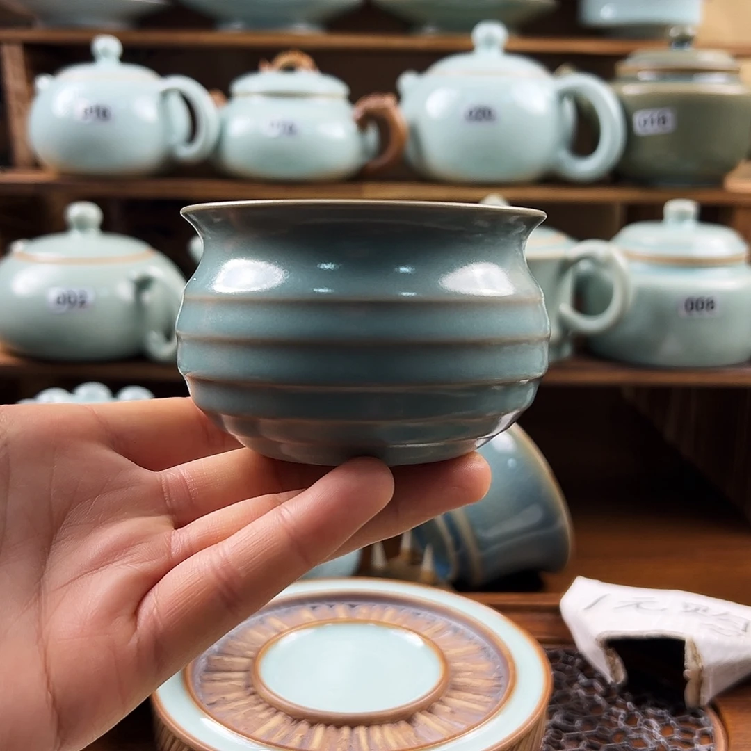 仿古青绿釉水福袋杯手工
