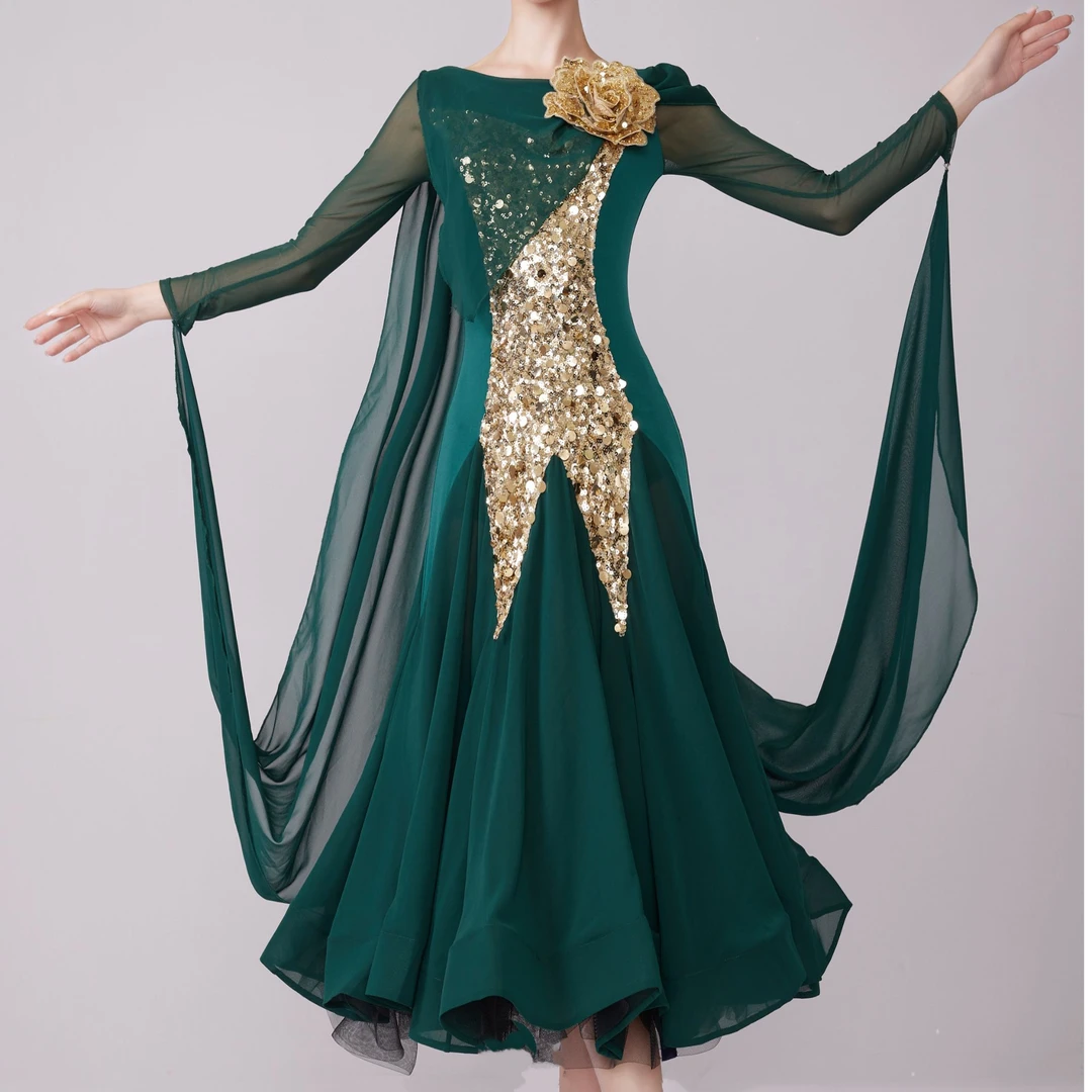 【LP舞服】原创设计-胸前亮片立体玫瑰花飘袖连衣裙轻奢