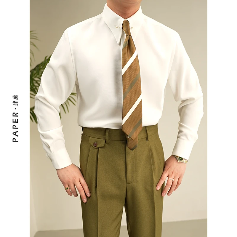 PAPER肆万抗皱免烫帝国领长袖白衬衫商务复古绅士针孔领衬衣男春