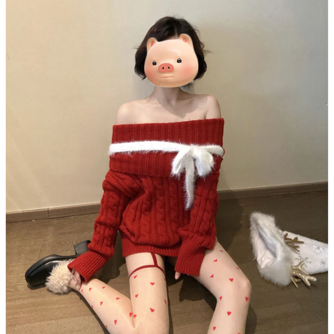 新年过年氛围感穿搭红色一字肩蝴蝶结毛衣女秋冬季露肩针织衫上衣