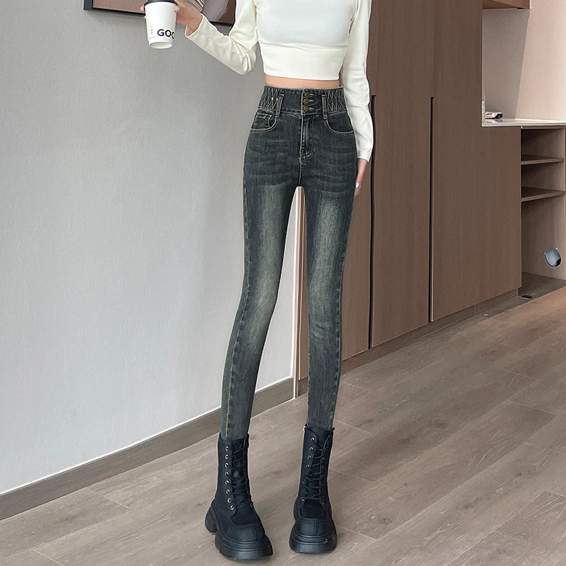 黑色加长小脚牛仔裤女秋季2025年新款高个子靴裤高腰紧身铅笔裤子