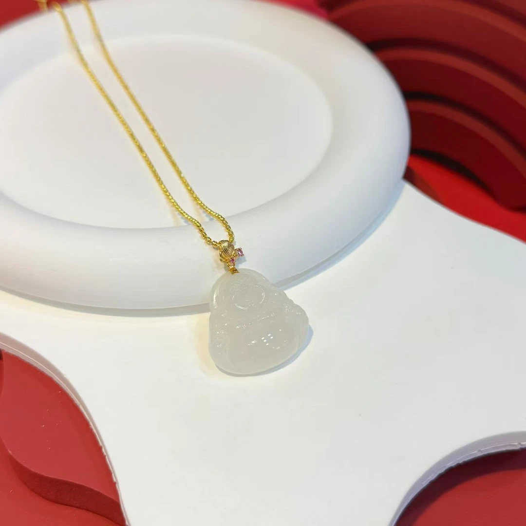 18K金蝴蝶镶嵌23-25mm和田玉高货白玉佛吊坠HNZ12334