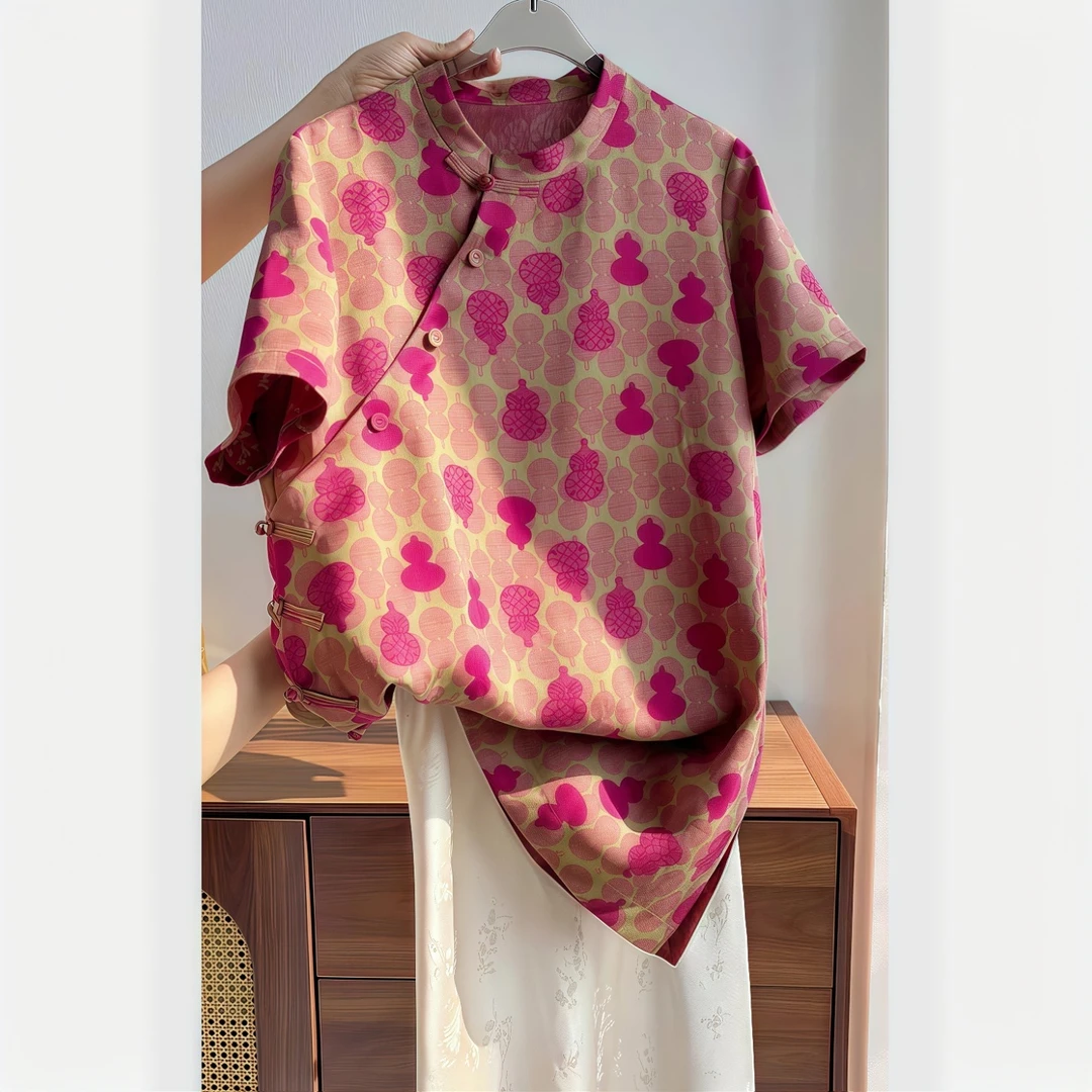 新中式粉色葫芦印花短袖2025夏季新款高端复古国风斜襟高级感衬衫