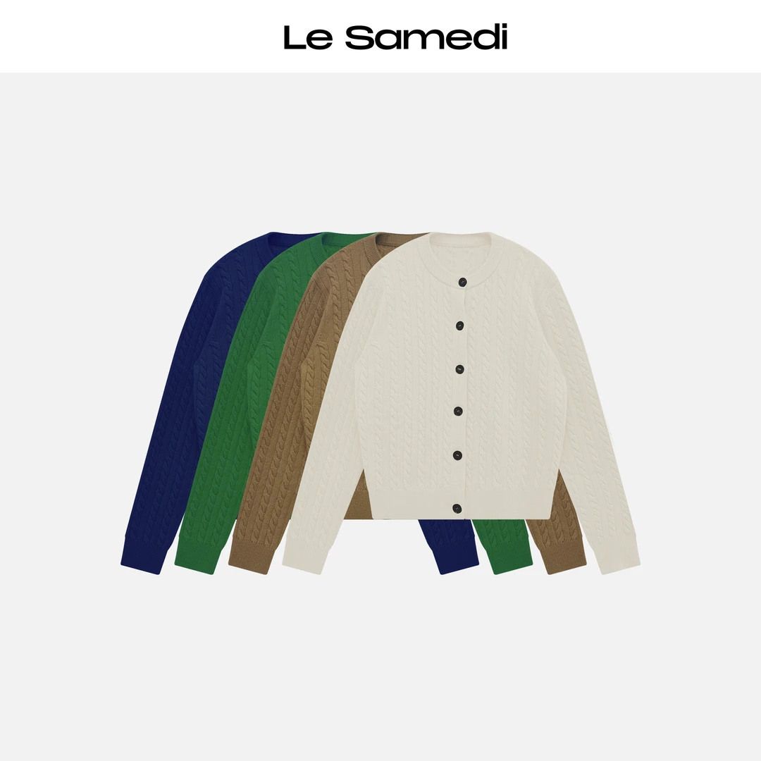 Le Samedi【耶鲁日记】复古立体绞花坑条 百搭老钱圆领羊毛开衫