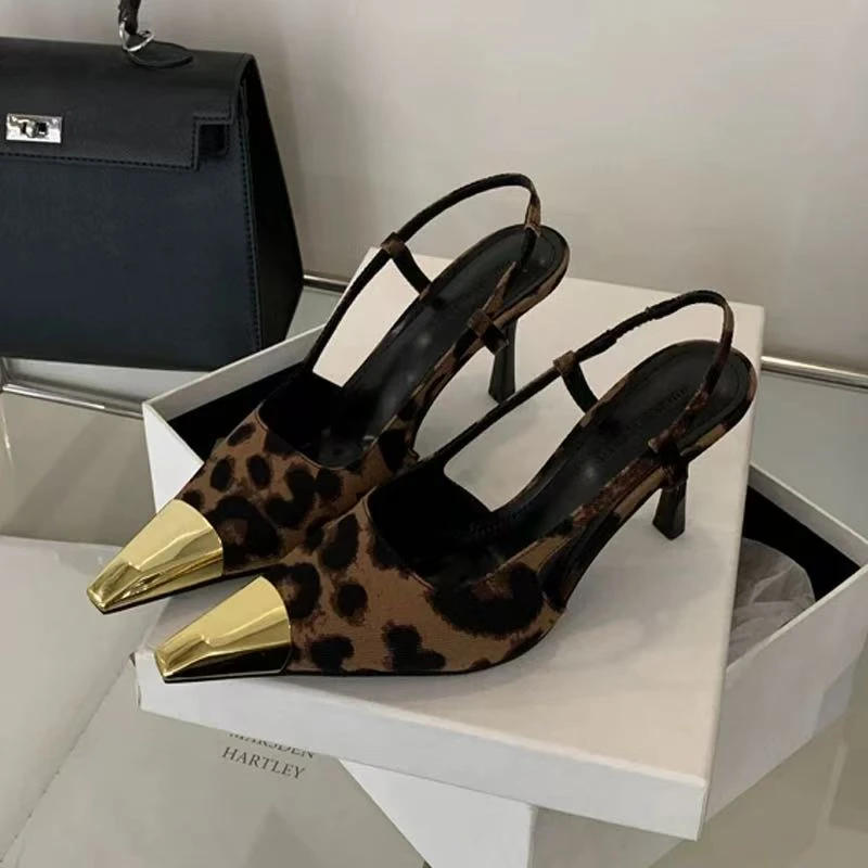 2025新款高跟鞋后空包头凉鞋女外穿性感黑色金属方头细跟浅口单鞋