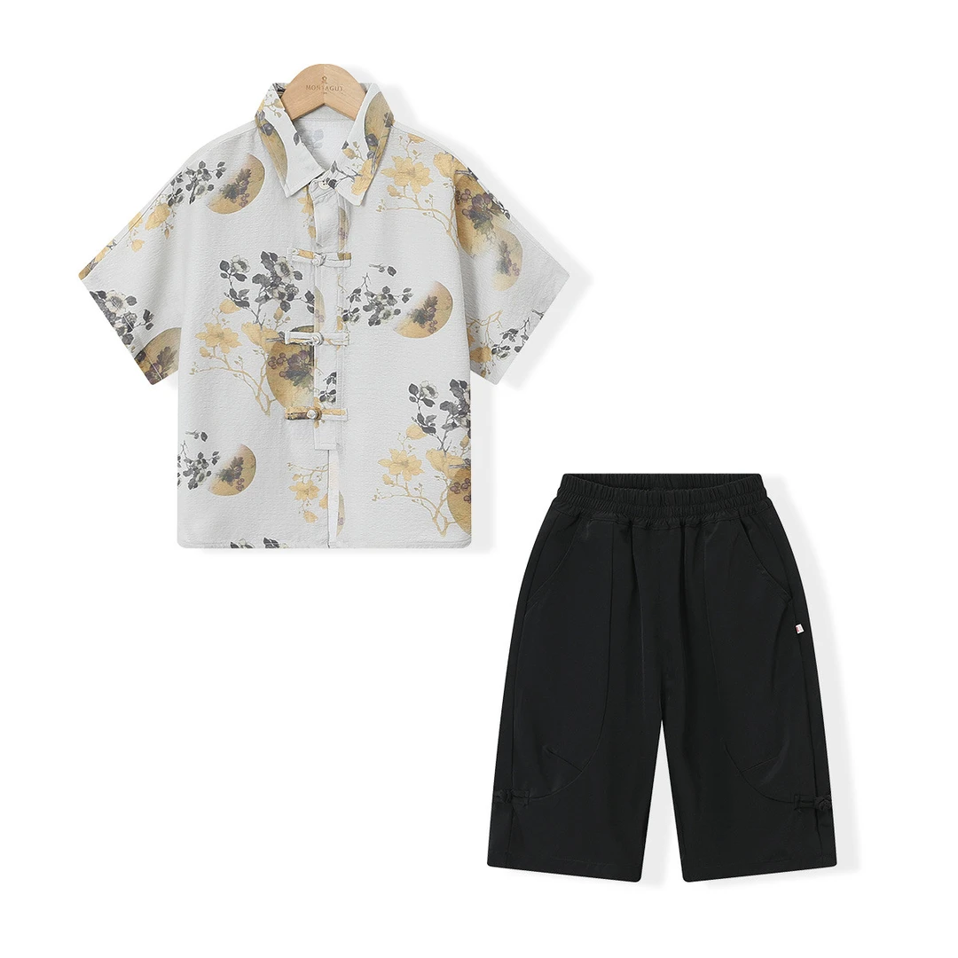 梦特娇男童汉服套装儿童中式国风唐装薄款短袖衬衫短裤两件套A21