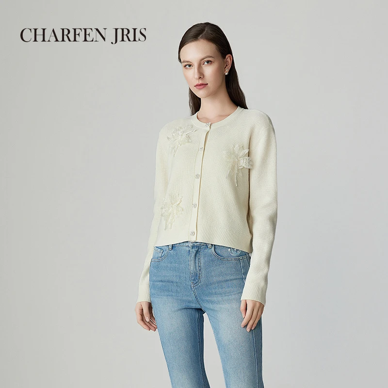 【达人专属】朝峰春季新款小香风钉珠花羊毛开衫FJF1A696-6008C