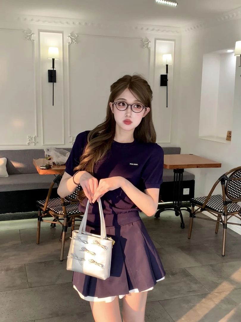 【少女航海】miu系学院藏青色针织短袖t恤藏蓝百褶半裙套装7715