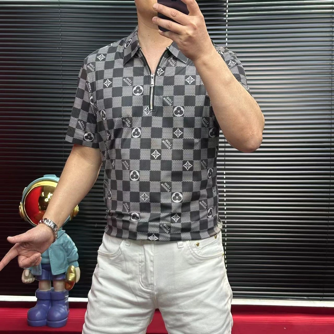 FH甄选新款无缝免烫高弹力高品质男士格子休闲印花短袖衬衫D8051