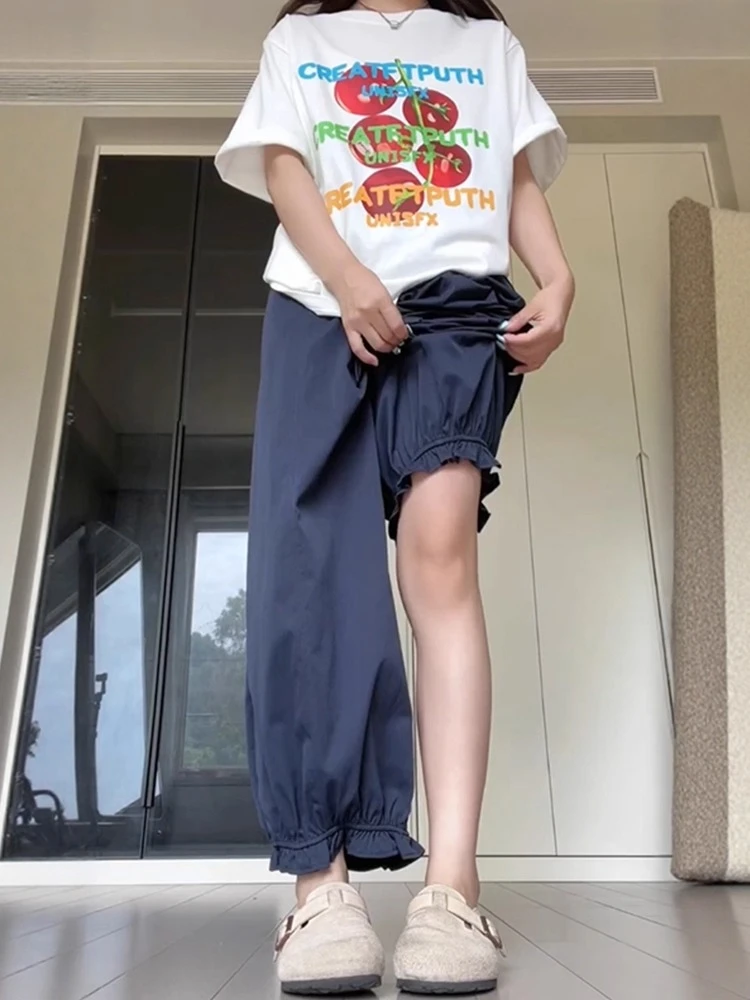 藏青色束脚花边灯笼裤子女夏季大码胖mm慵懒风九分速干阔腿花苞裤