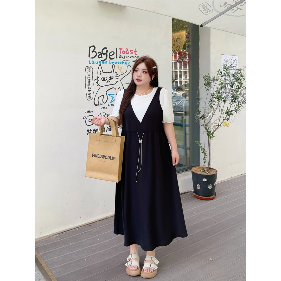 心动信号/ 松弛感慵懒系假两件短袖连衣裙15245花契大码200斤胖mm