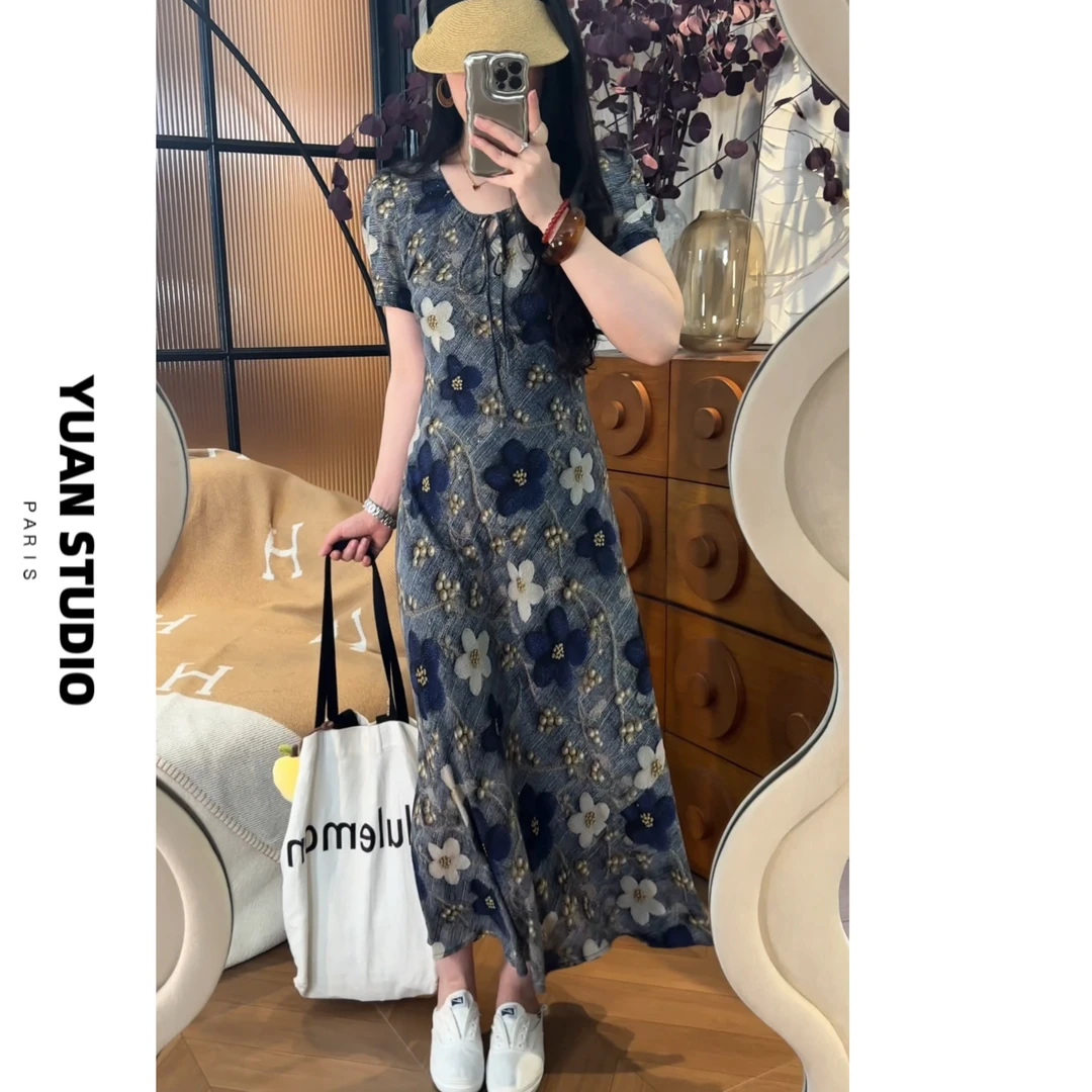 YUAN 【芳心荡漾】法式复古斜裁显瘦遮肉气质夏季单层薄款连衣裙