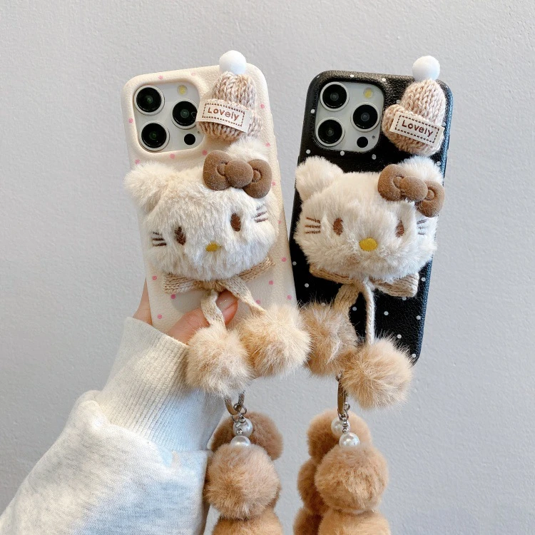 皮革纹适用苹果16PRO毛绒帽子KT手机壳iphone13/14防摔软壳保护套