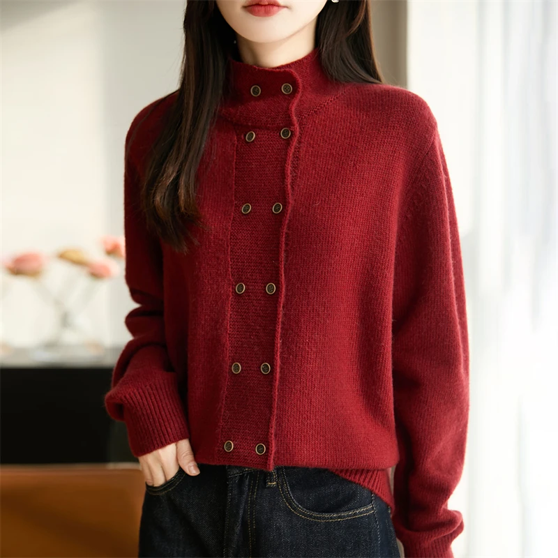 品牌时尚女装秋冬立领纯色双排扣宽松厚款毛针织衫宽松气质毛衣