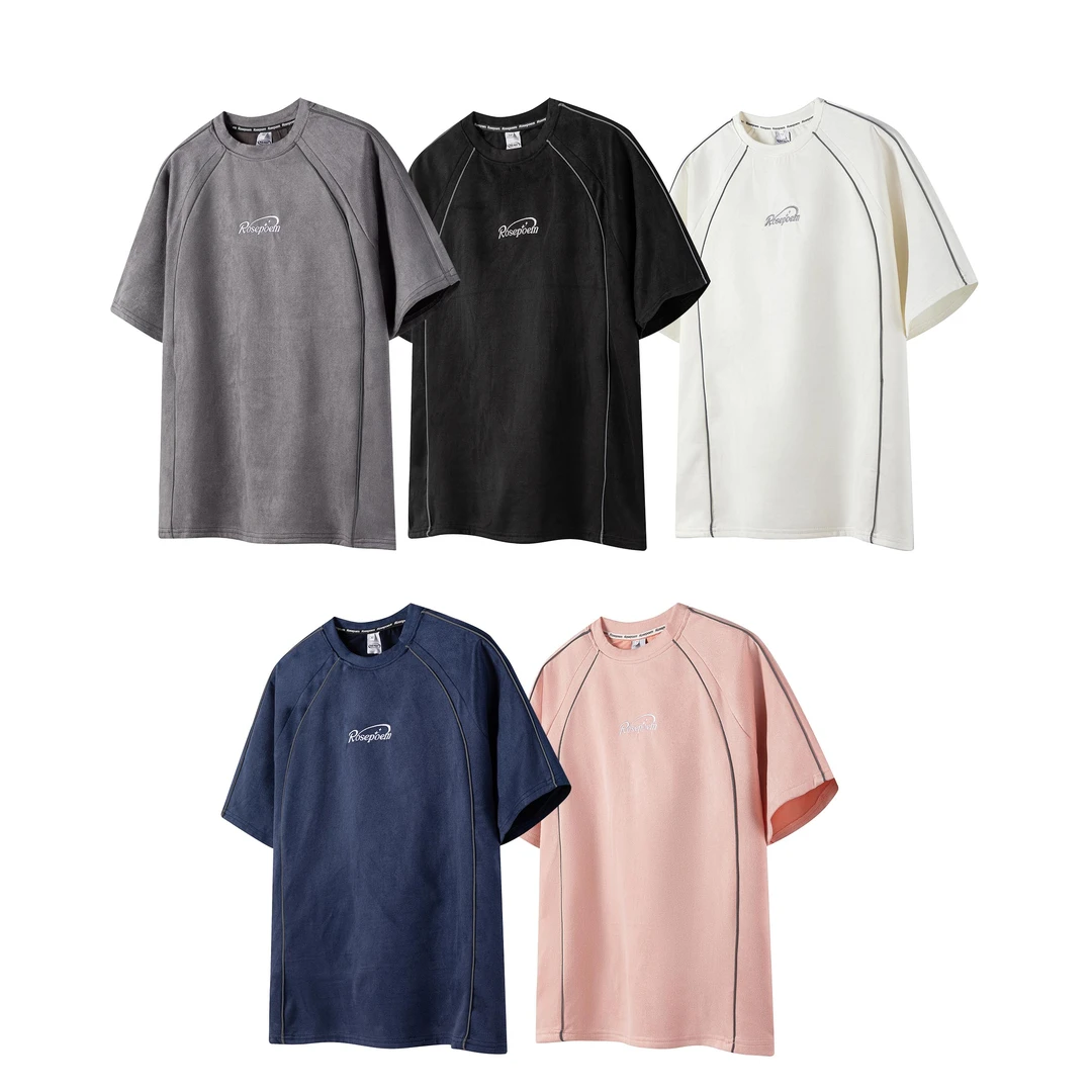 Rosepoem夏季时尚高街潮牌宽松重磅反光子母带刺绣美式短袖T恤