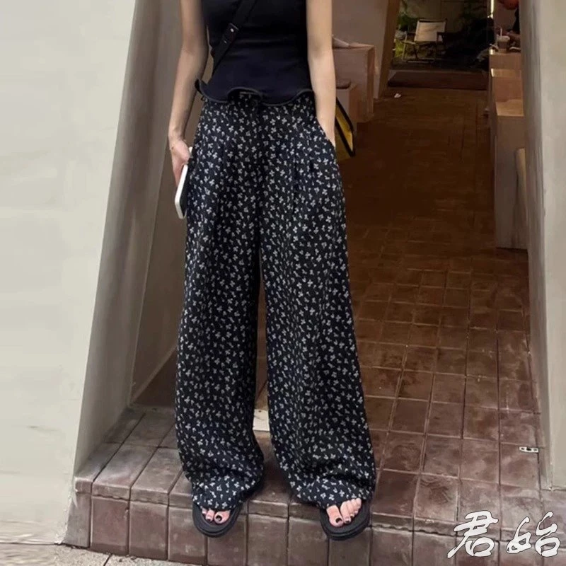 韩系慵懒风碎花薄款百搭裤女夏季高腰垂坠感宽松遮肉直筒阔腿裤子
