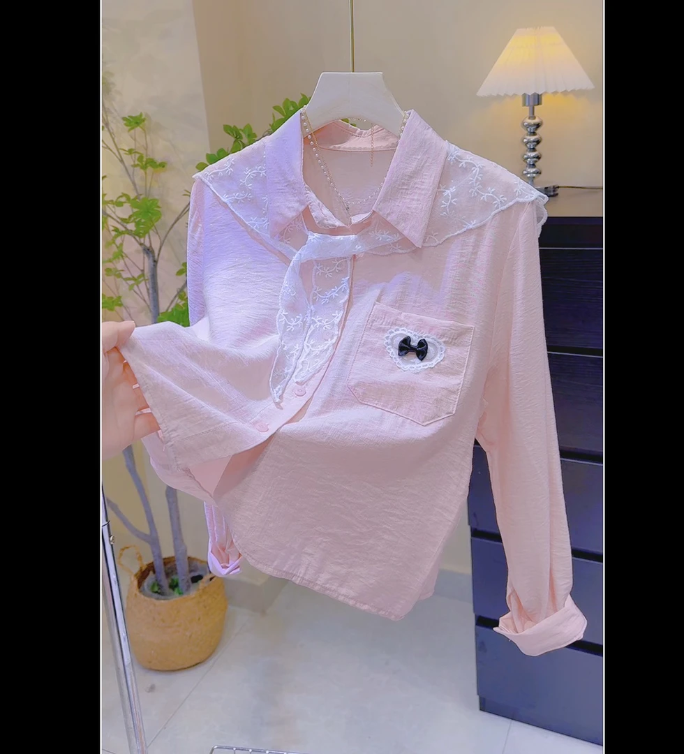美24170甜美时尚蕾丝披肩衬衫女新款洋气百搭纯色防晒气质衬衣