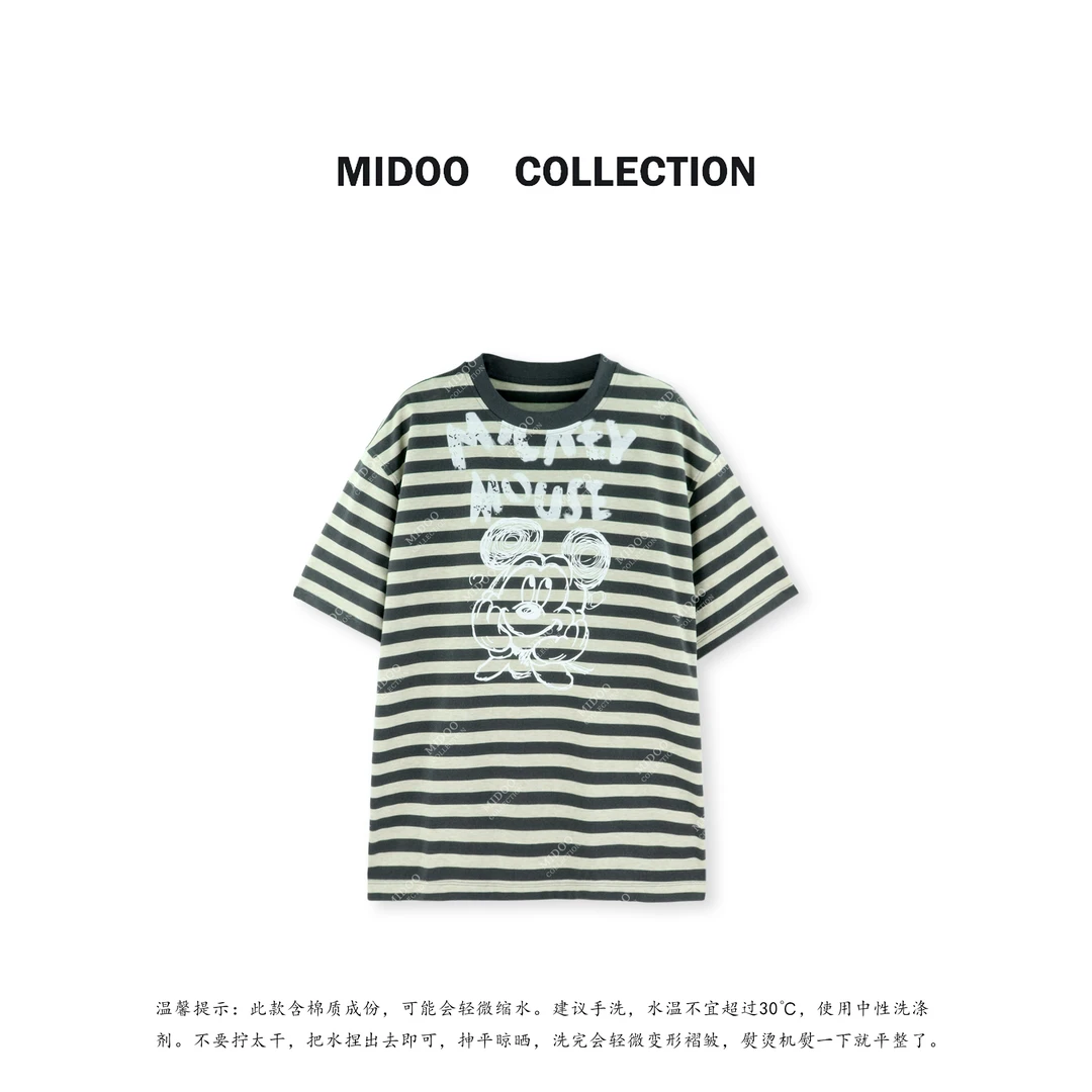 MIDOO ‘琴键米奇’趣味印花条纹短袖宽松T恤上衣