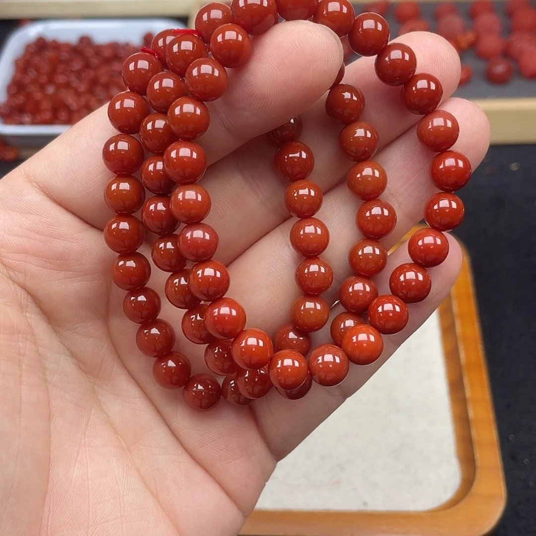 未镶嵌5号瓦西牛血红卡8圆珠手链南红玛瑙