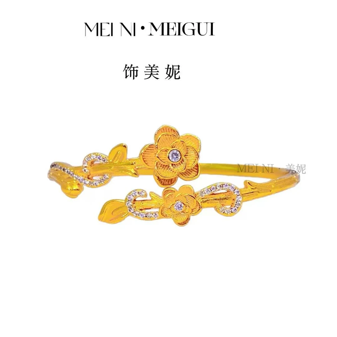 精工镶钻玫瑰花手镯新款气质实心