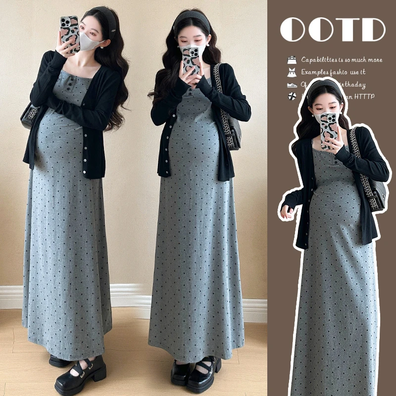 洋气孕妇装韩版显瘦2025春季新款气质吊带连衣裙+上衣两件套