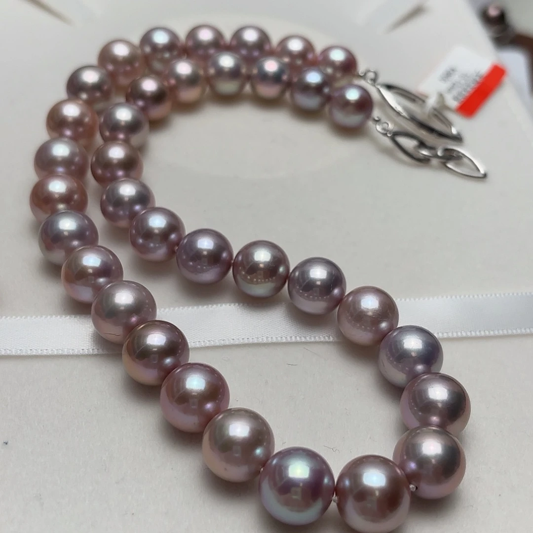 银S925镶嵌淡水珍珠颈饰10-12正圆浅紫怪色糖果