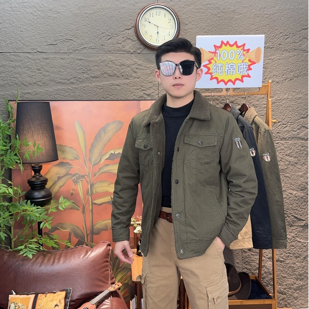璞浑2025年新款纯棉羊羔绒空军飞行员牛仔翻领休闲多口袋工装夹克