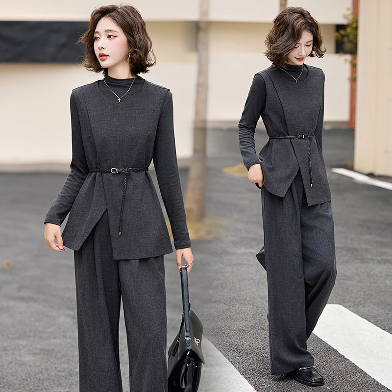 时尚西装马甲套装女2025春装新款韩版气质高级设计感阔腿裤三件套