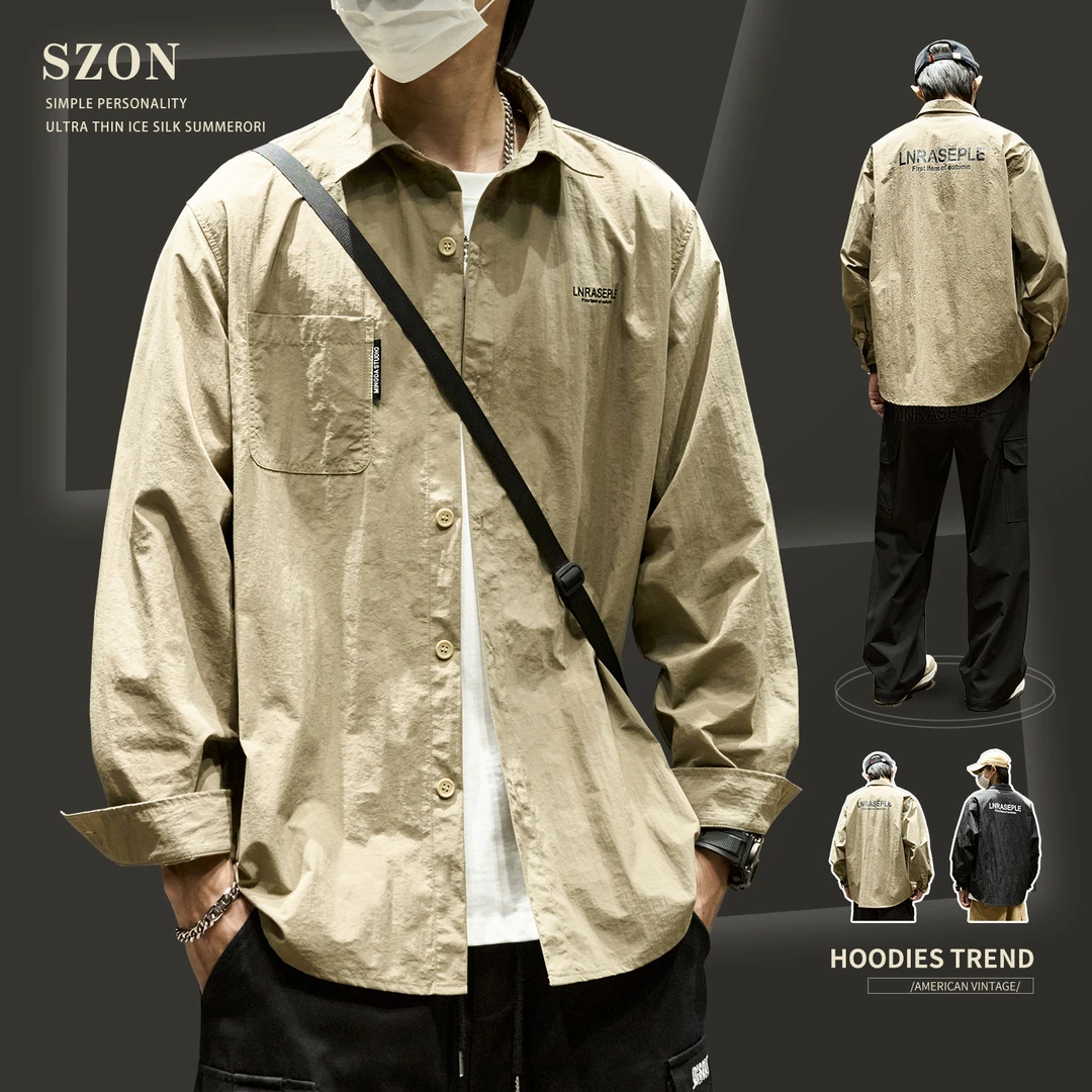 男士衬衫长袖春秋新款美式嘻哈字母休闲衬衣宽松复古港风工装外套