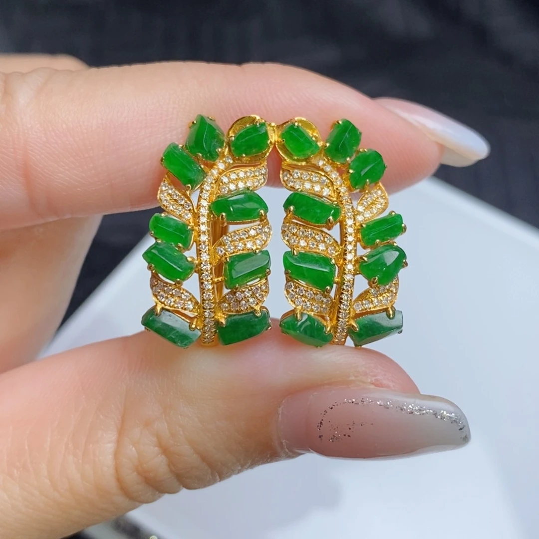 翡翠18K金镶嵌耳饰随形麦穗