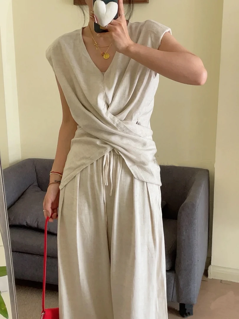 TZ现货【薄雾清影】天丝亚麻套装法式无袖慵懒长裤高奢两件套59118