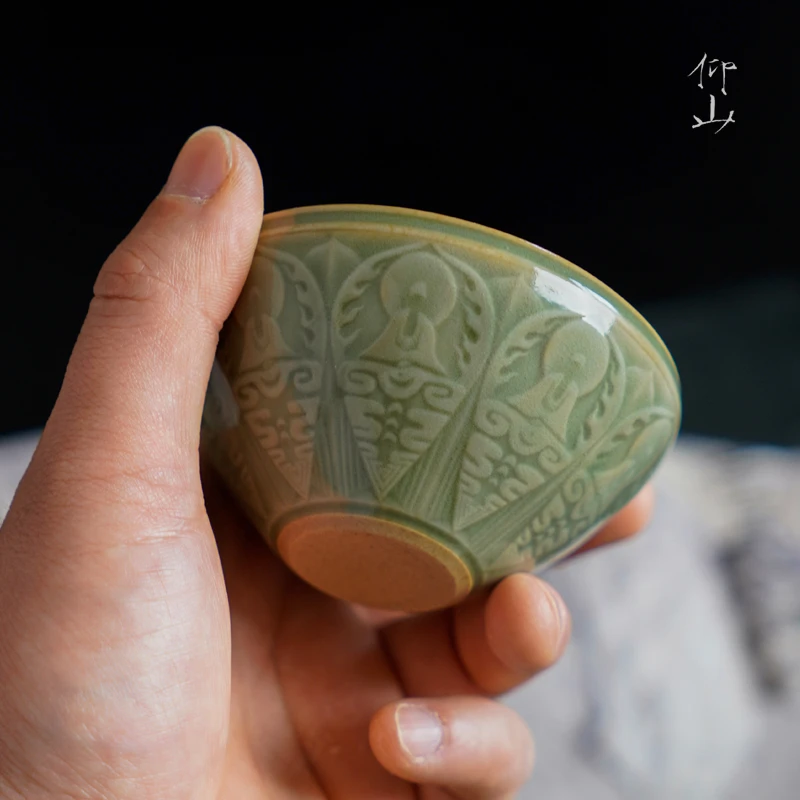 仰山 耀州窑青瓷精品茶杯毗卢纹/禅定纹主人杯手工精修东方禅意