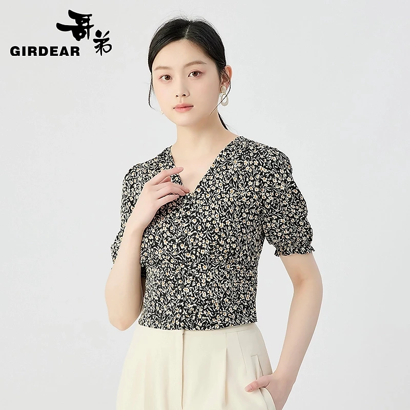 GIRDEAR/哥弟法式田园风印花V领短袖衬衫130049
