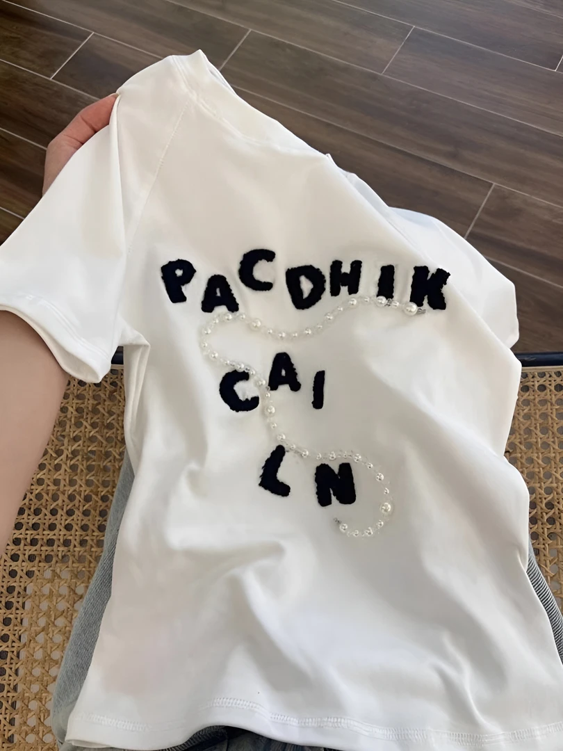 十三行女装~白色钉珠正肩短袖t恤夏季设计感小众修身绝美百搭上衣