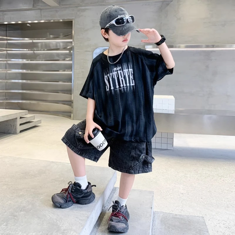 男童夏装套装2025新款牛仔男孩网红短袖中大儿童夏季痞帅气时髦潮
