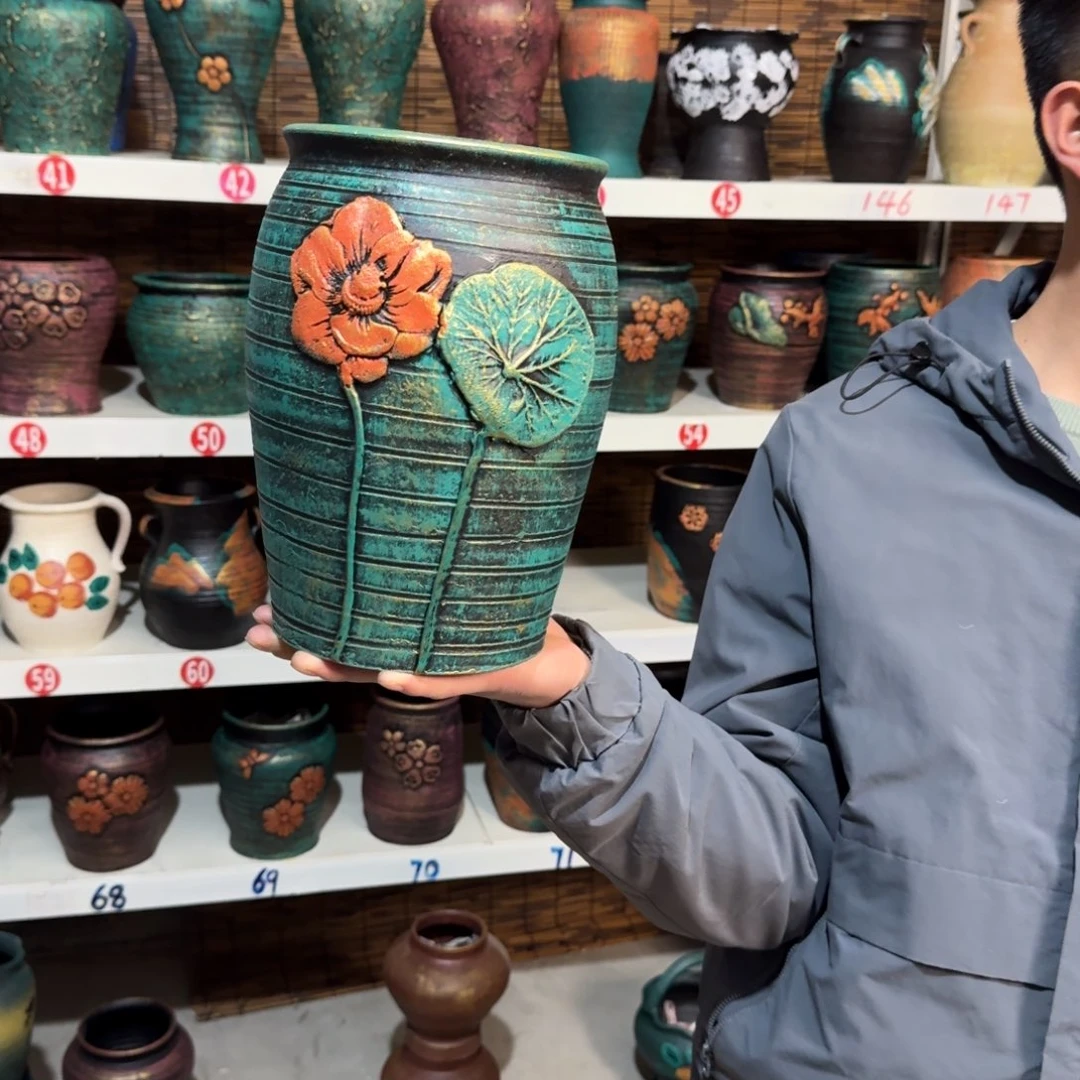 红陶红陶浮雕花盆炸炸炸