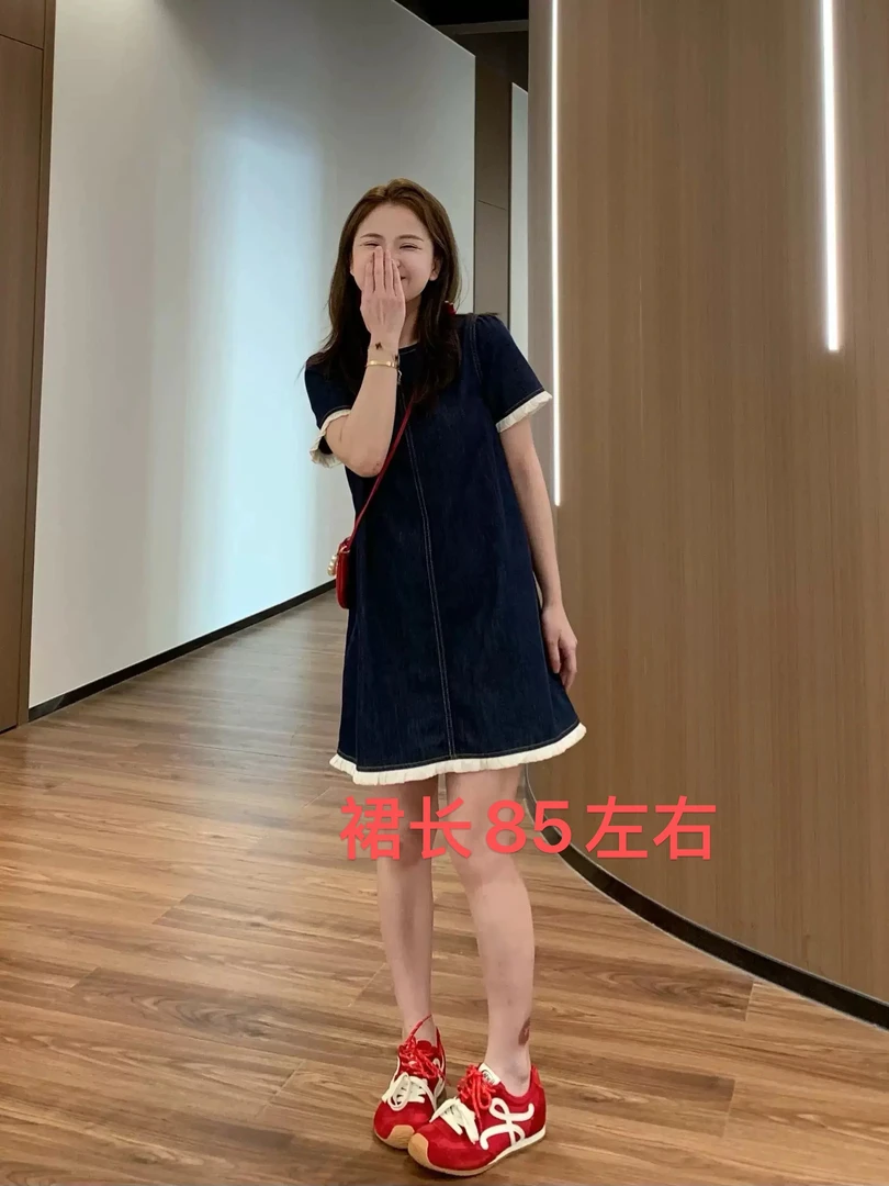 姚家铺子25835夏季蕾丝花边牛仔裙韩系宽松显瘦圆领短袖连衣裙