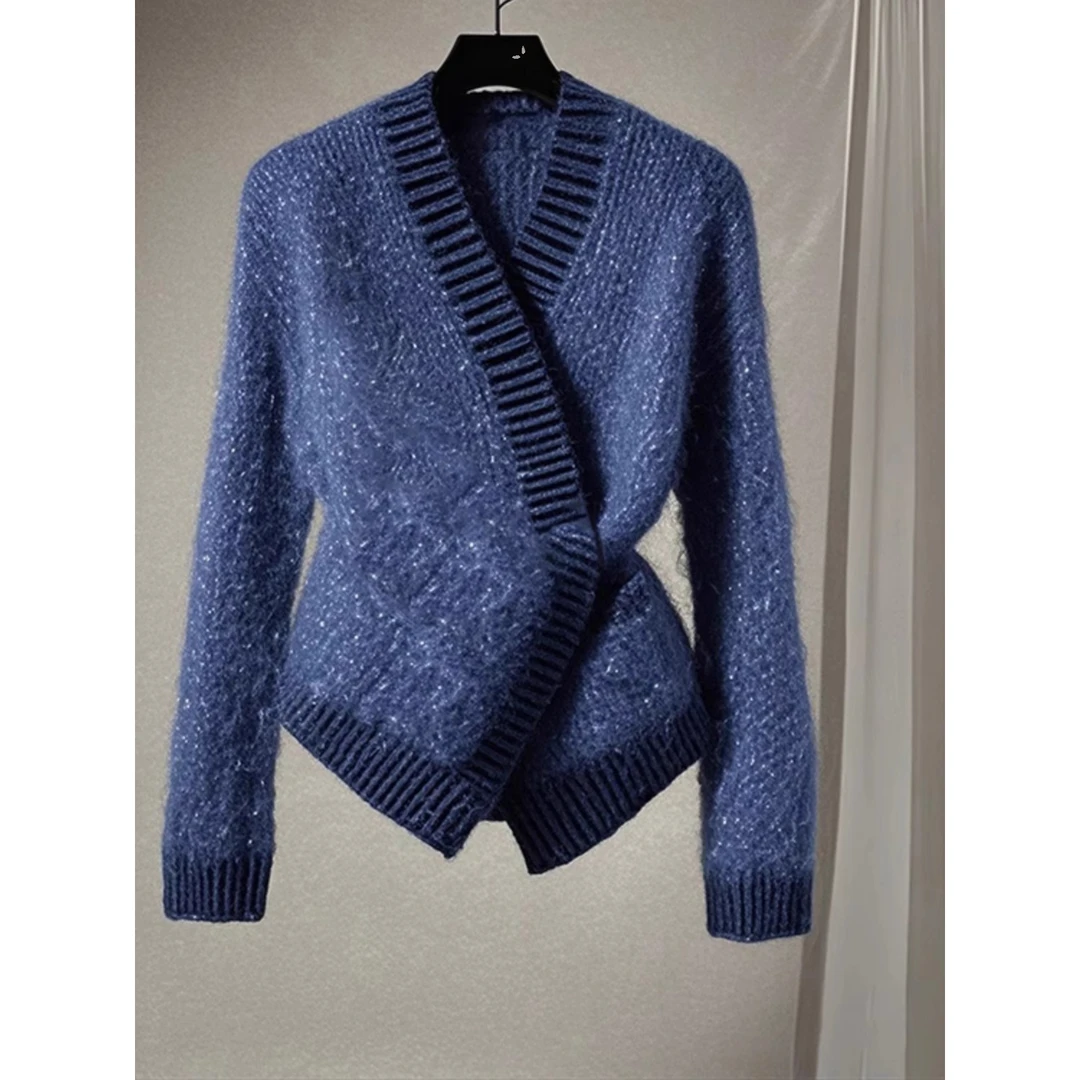 满眼都是轻奢感！复古软糯慵懒风针织开衫蓝色细闪毛衣外套女秋冬