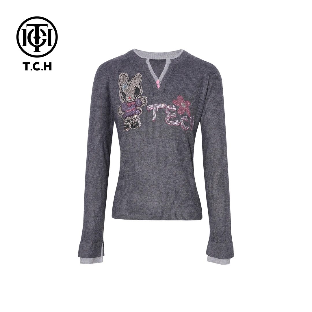 TCH私服冬款慵懒风烫钻时尚淑女深灰色针织衫T75D09E1100轻奢tch