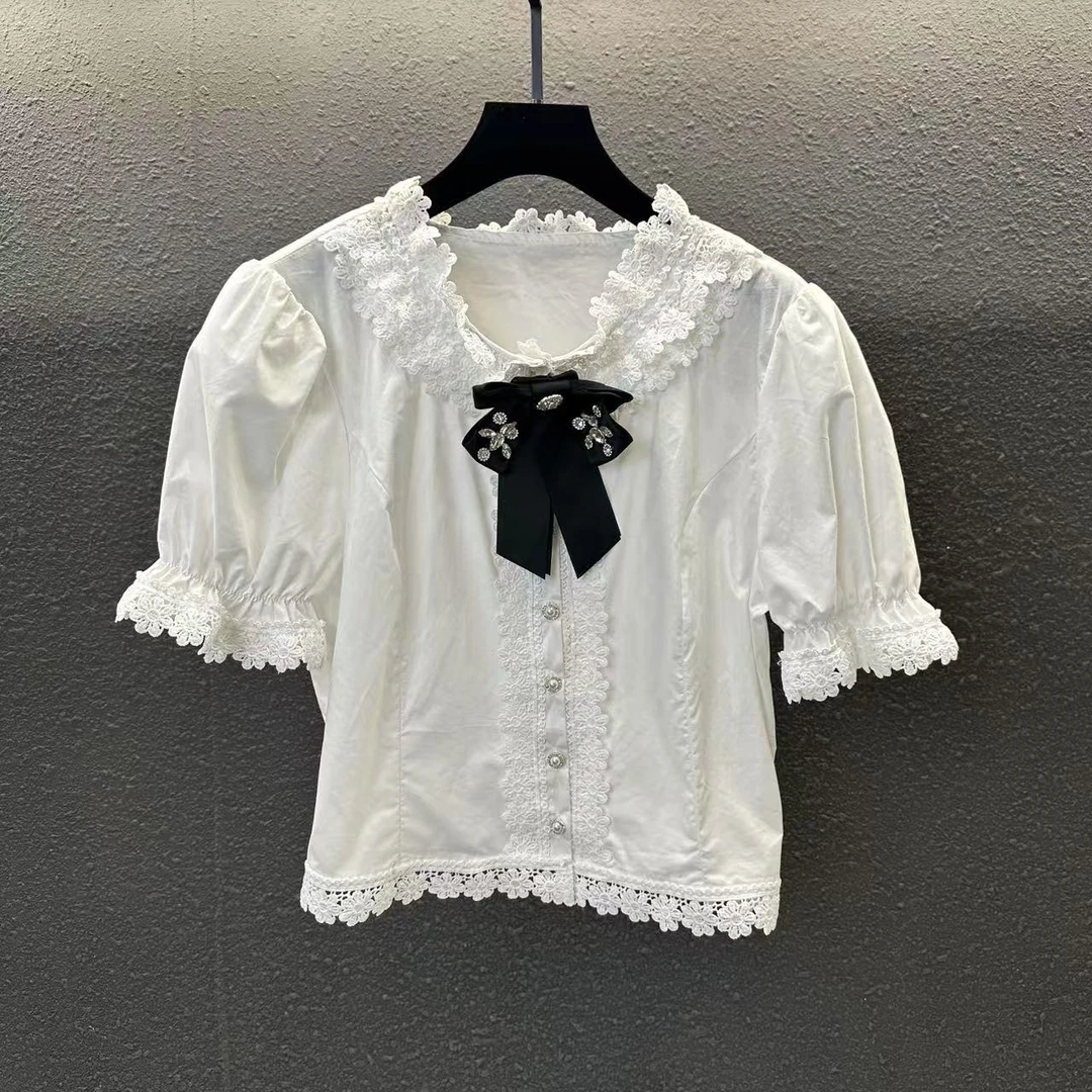 甜美小衫衬衫蝴蝶娃娃领蝴蝶结女装衬衣短袖荷叶边