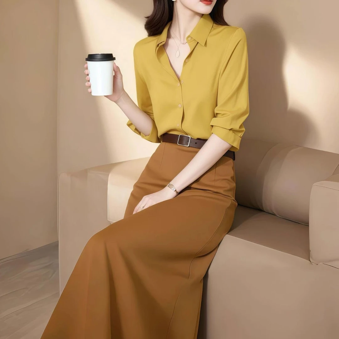 春秋季套装女2025新款盐系炸街黄色衬衫上衣包臀半身裙职业时尚套