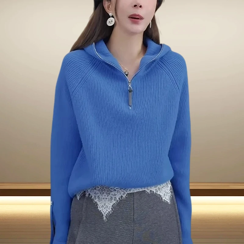 打底毛衣女款爆款2025新款克莱因蓝显白半拉链连帽外套保暖针织衫