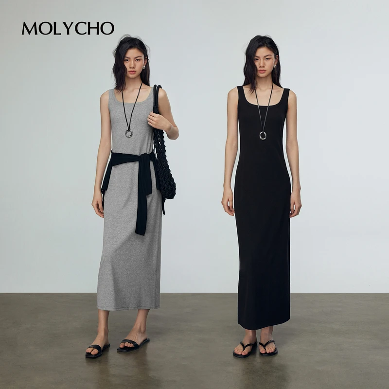 MOLYCHO灰色慵懒风U领无袖连衣裙女夏季2025新款修身显瘦背心长裙