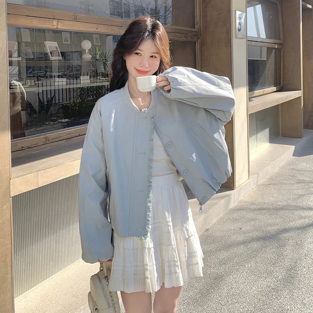 浅蓝色木耳花边短外套女2025春秋新款韩系超好看宽松薄款夹克上衣