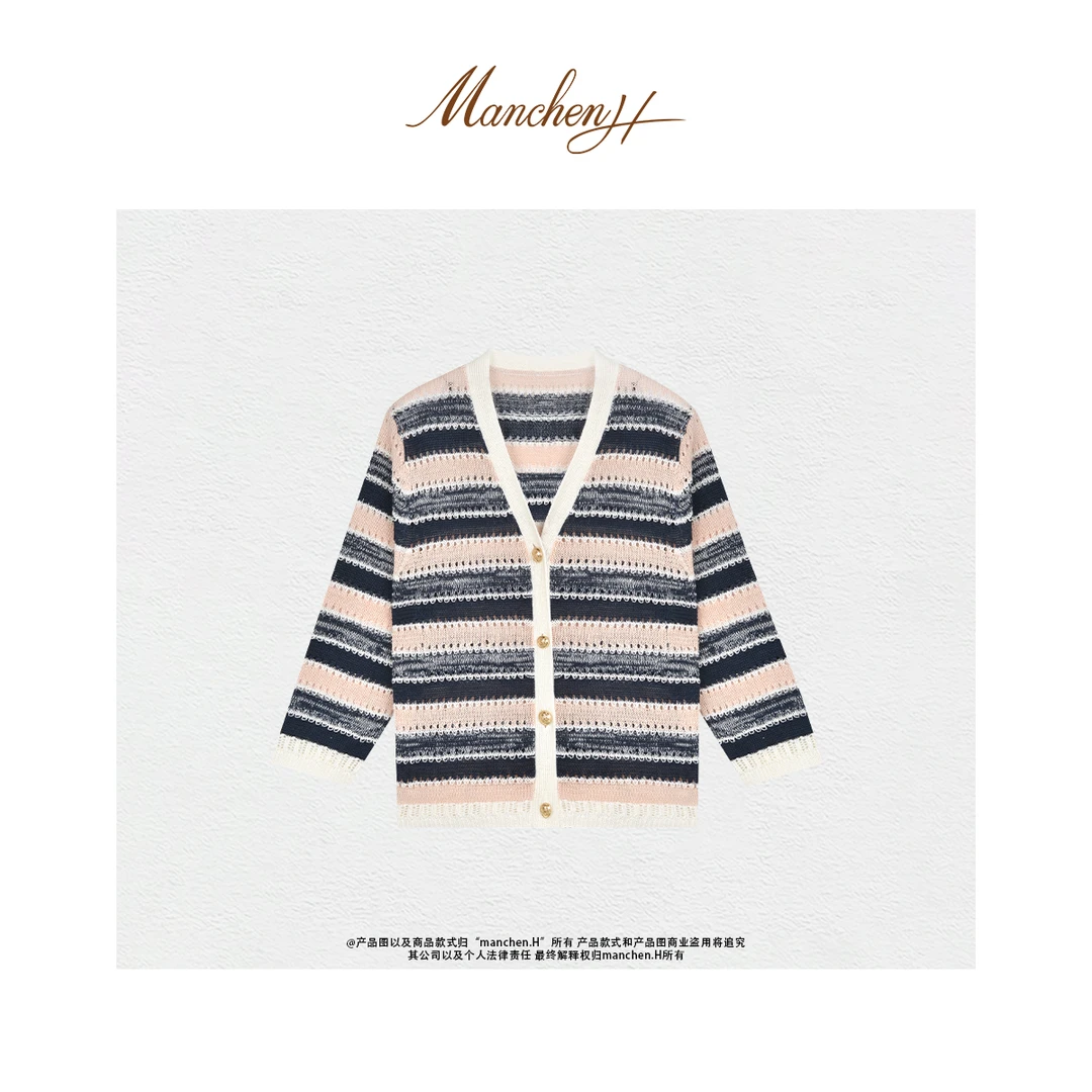 曼辰manchenh"柔情法兰西"原厂纱2股28s亚麻间色条纹开衫