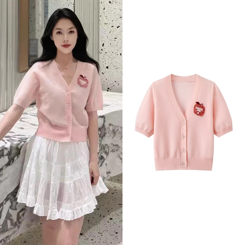 【毛针织衫】极简风夏季短袖薄款洋气V领女装毛针织衫C6263