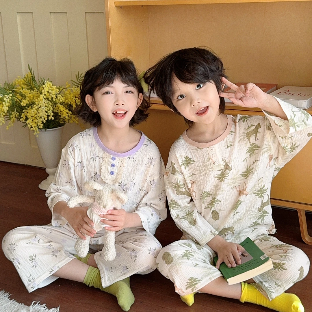 2025儿童夏季家居服套装男女童7A抗菌针织皱睡衣裤两件宝宝空调服