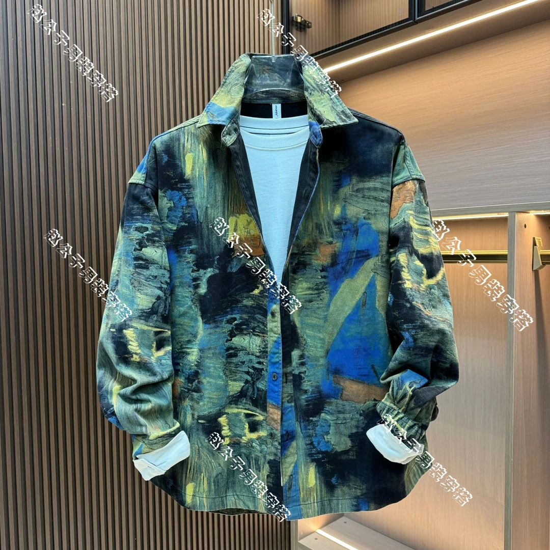 春季新款彩绘晕染色块痞帅男士休闲衬衫外套潮流百搭宽松夹克上衣